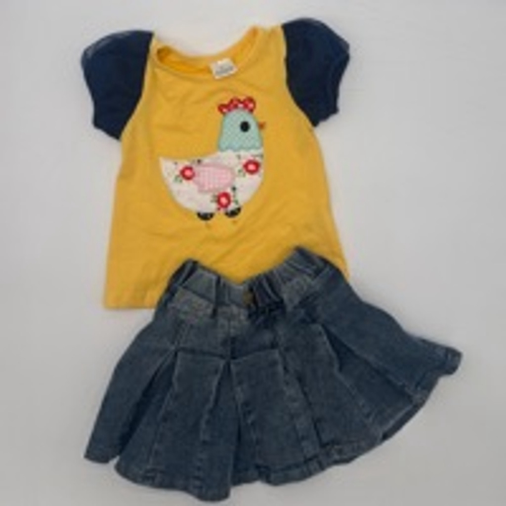 Girls Chicken Pleated Denim Skirt Outfit Size 2T Yellow & Blue
